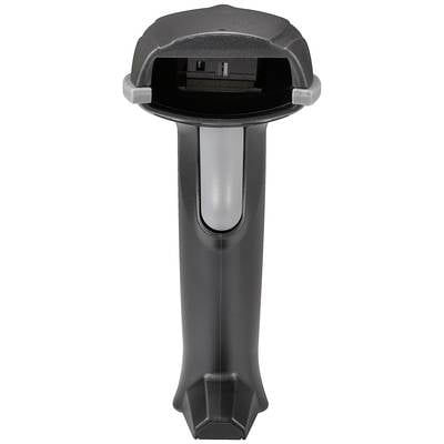 Ein schwarzer Scanner mit ergonomischem Griff, frontal fotografiert. Geeignet zum Scannen von Barcodes in Verkaufs- oder Lagerumgebungen.