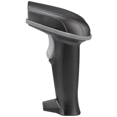 Ein schwarzer Handscanner aus Kunststoff, seitlicher Ansicht, mit ergonomisch gestaltetem Griff und lösendem Abzug.