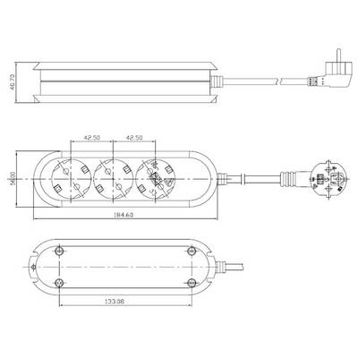 'Technische Zeichnung einer Steckdosenleiste mit drei Steckdosen, einem Stecker und den Abmessungen: 184,60 mm Länge, 42,50 mm Breite und 46,70 mm Höhe.'