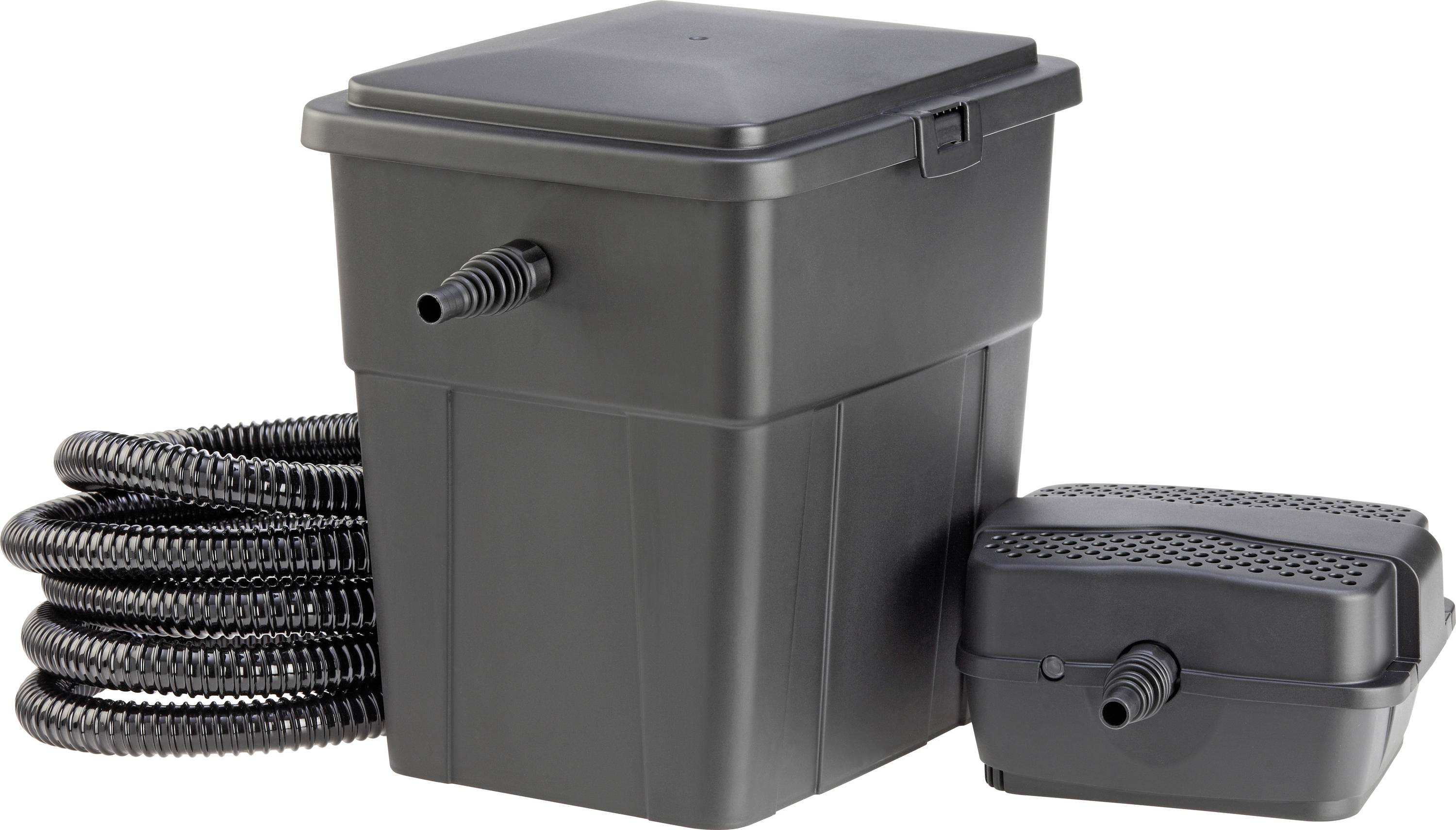 Ein schwarzer Teichfilter-Set mit einer rechteckigen Pumpe und gewundenem Schlauch, entwickelt zur Wasserfiltrierung in Außenteichen.