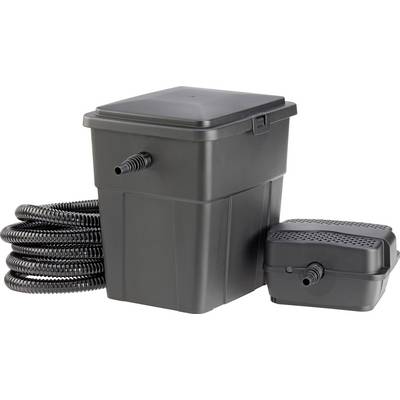 Ein schwarzer Teichfilter-Set mit einer rechteckigen Pumpe und gewundenem Schlauch, entwickelt zur Wasserfiltrierung in Außenteichen.