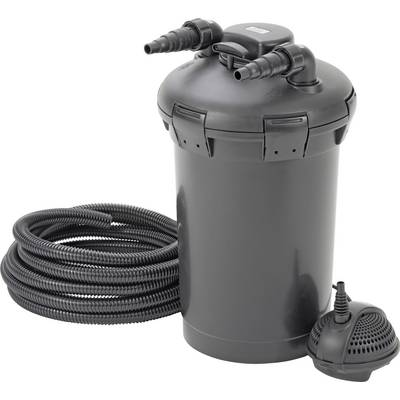 Schwarzer zylindrischer Kanisterfilter mit angeschlossenen Schläuchen, verwendet für die Filtration von Aquarium- oder Teichgewässer.