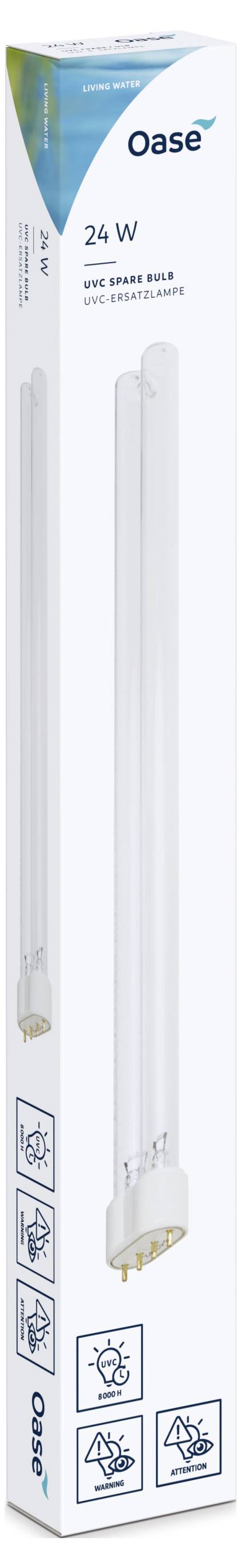 Eine lange, rechteckige Box für eine 24W UV-C Ersatzlampe von Oase wird gezeigt. Die Verpackung zeigt wasserbezogene Symbole und Produktdetails.