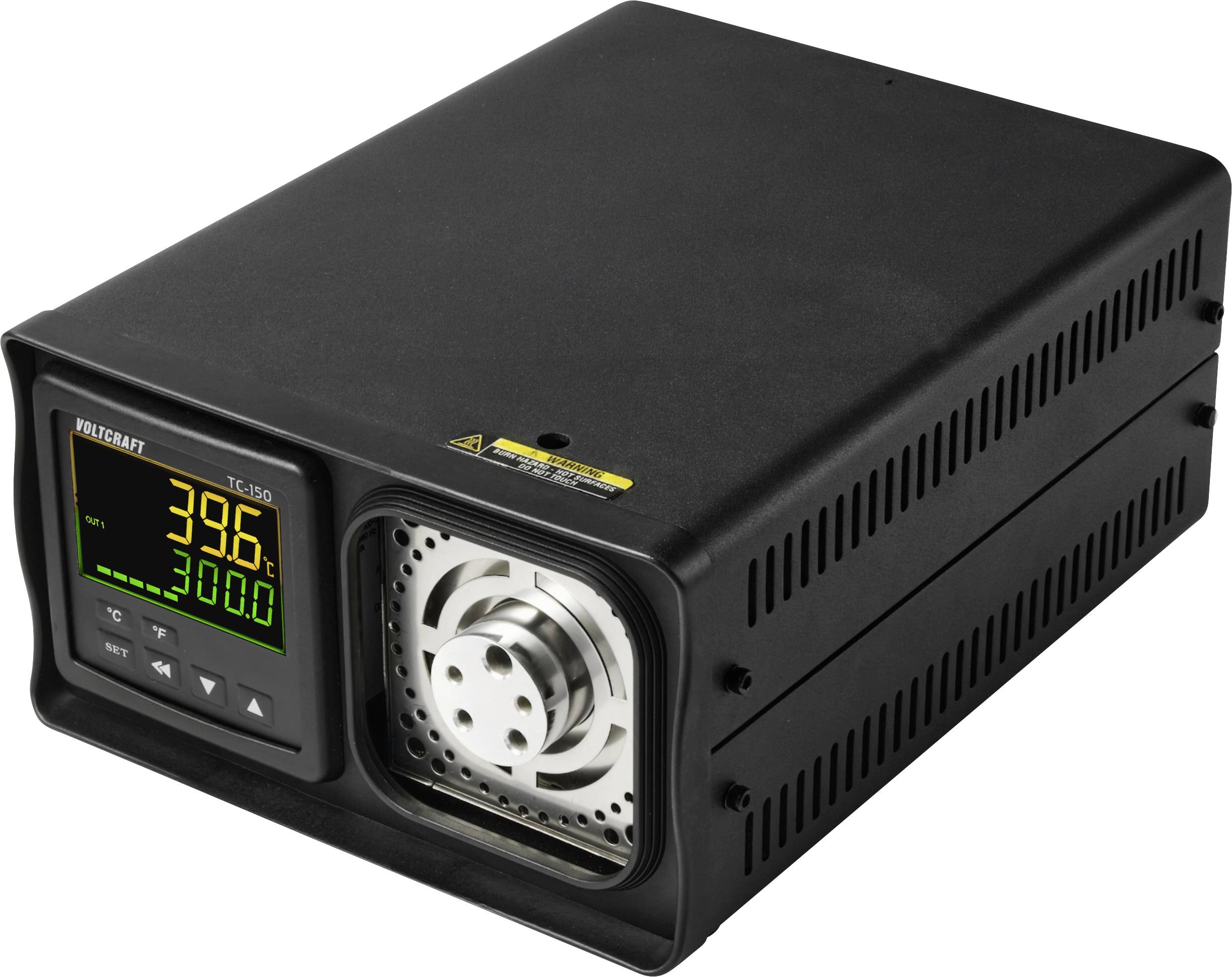 Schwarzes Voltcraft TC-150 Gerät mit digitaler Anzeige, die 39,6 und 30,0 zeigt, frontaler kreisförmiger Steckverbinder, auf weißem Hintergrund.