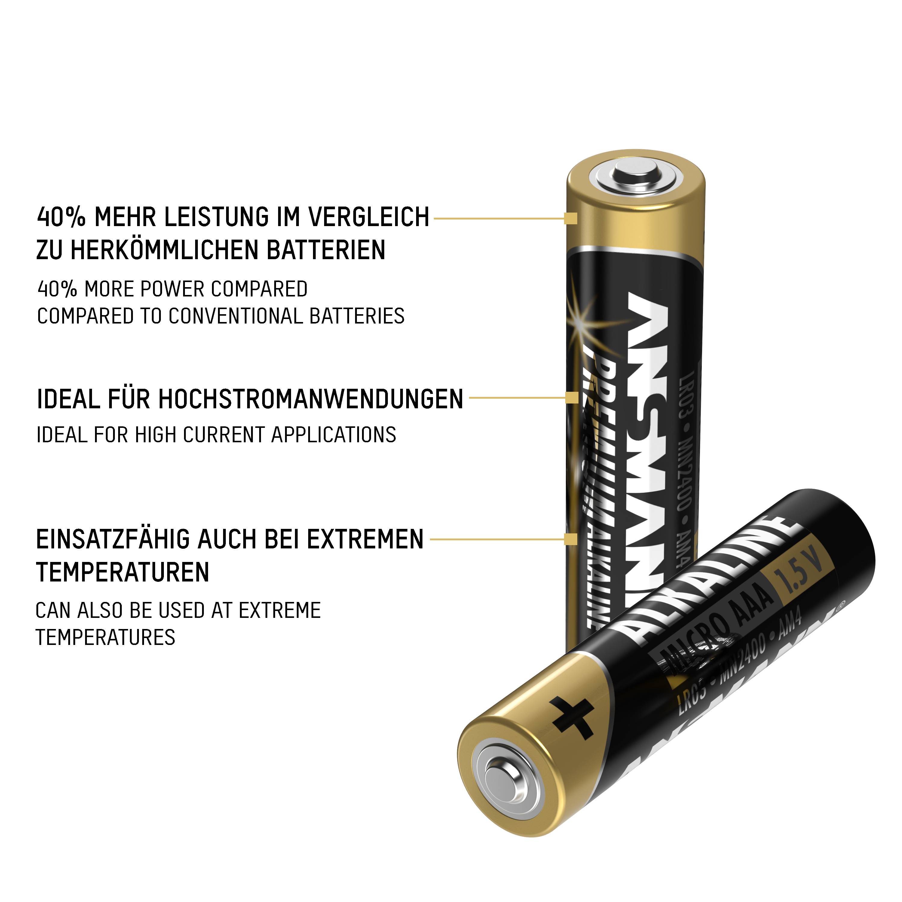 Batterie-Anzeige mit Text: '40% mehr Leistung', 'Ideal für Hochstromanwendungen', 'Einsatzfähig bei extremen Temperaturen'.