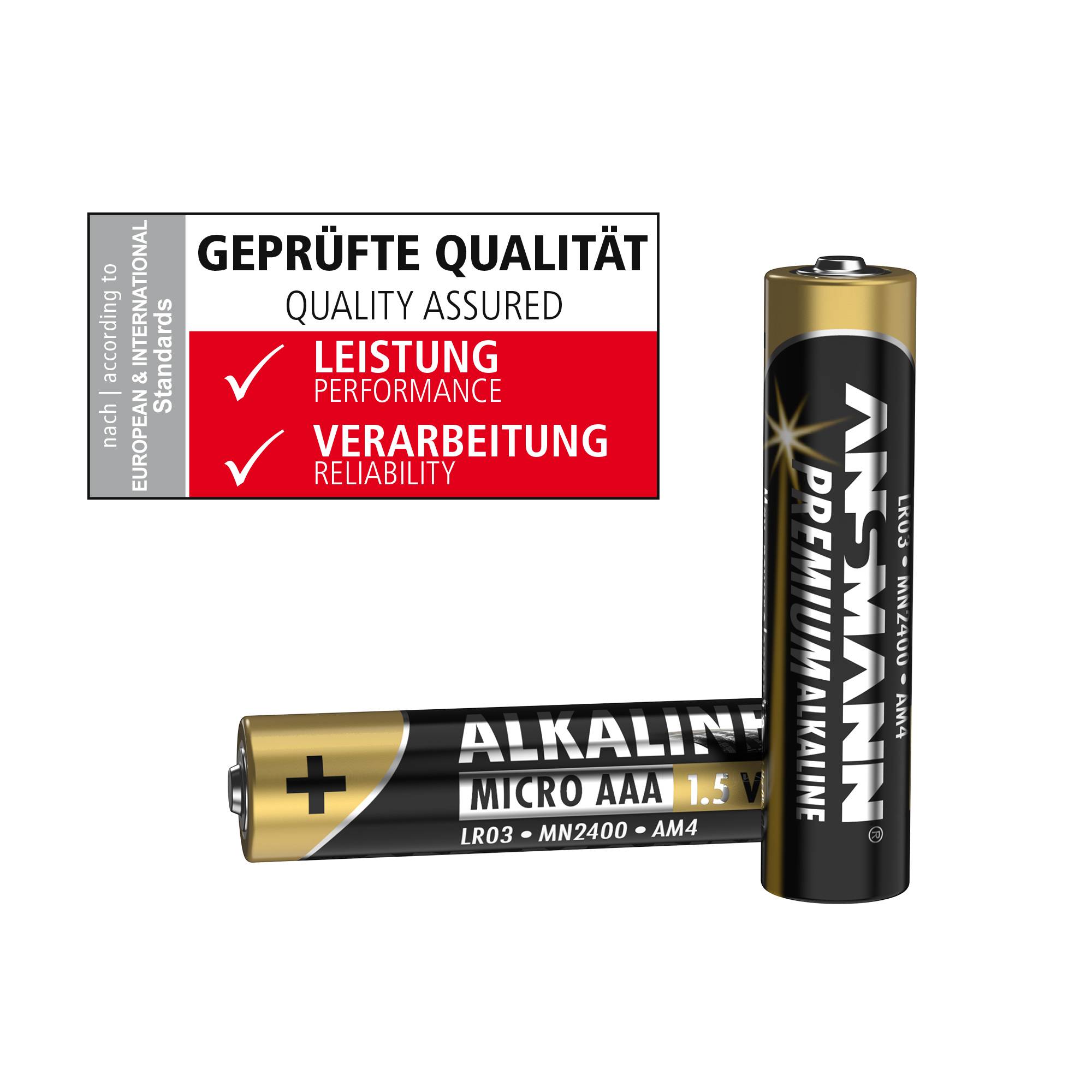 Batterie mit Aufschrift 'Alkaline Micro AAA 1.5V'. Daneben ein Label zur Qualitätssicherung 'Leistung, Verarbeitung'.
