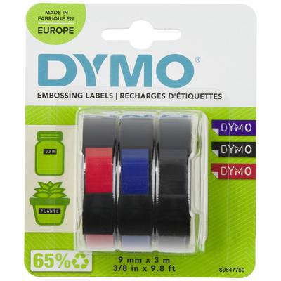 'DYMO' Prägeetiketten in drei Farben (rot, blau, schwarz) auf Spulen. Hinweis auf 65% recycelten Kunststoff und Herstellung in Europa.