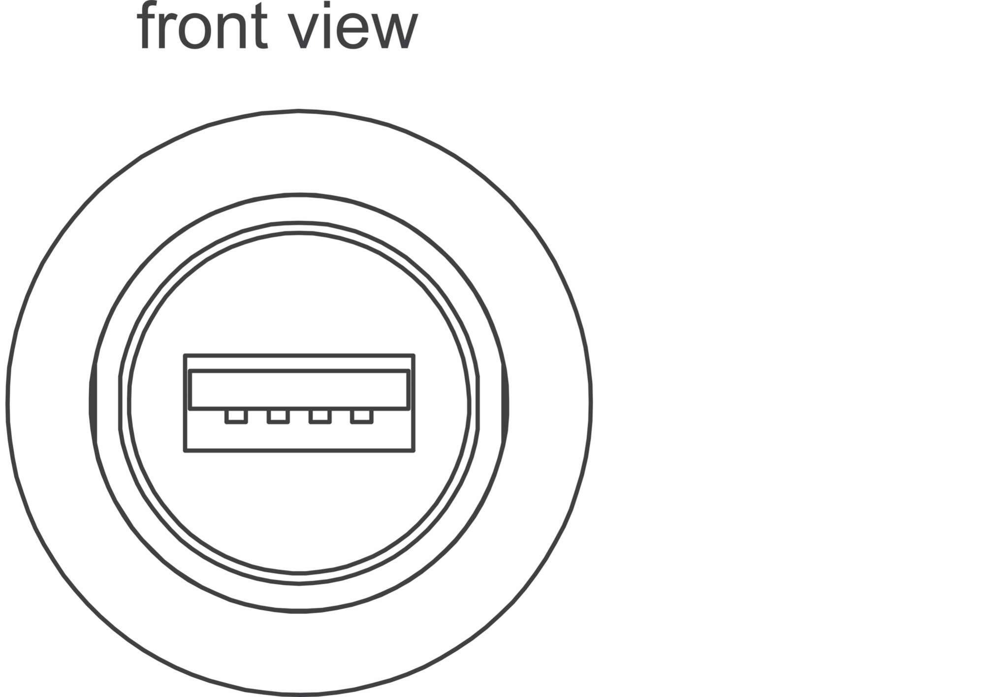 Kreisförmige Zeichnung einer USB-Buchse, mit der Aufschrift 'front view' oben links.
