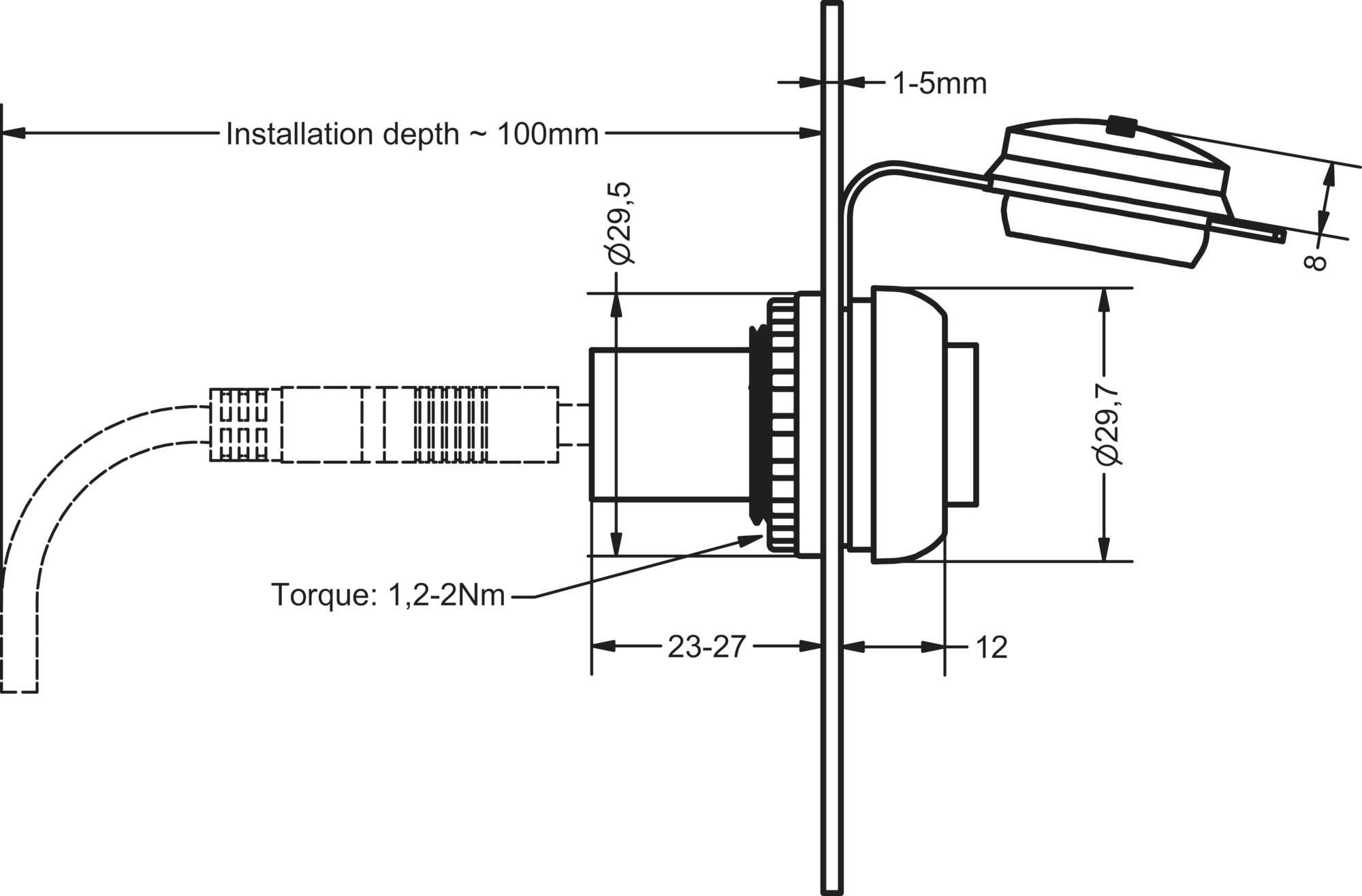 Installation eines Kabelanschlusses in einer Wand mit Maßen in Millimetern. Markierungen zeigen Drehmoment (1,2-2Nm) und Einbautiefe (ca. 100mm).