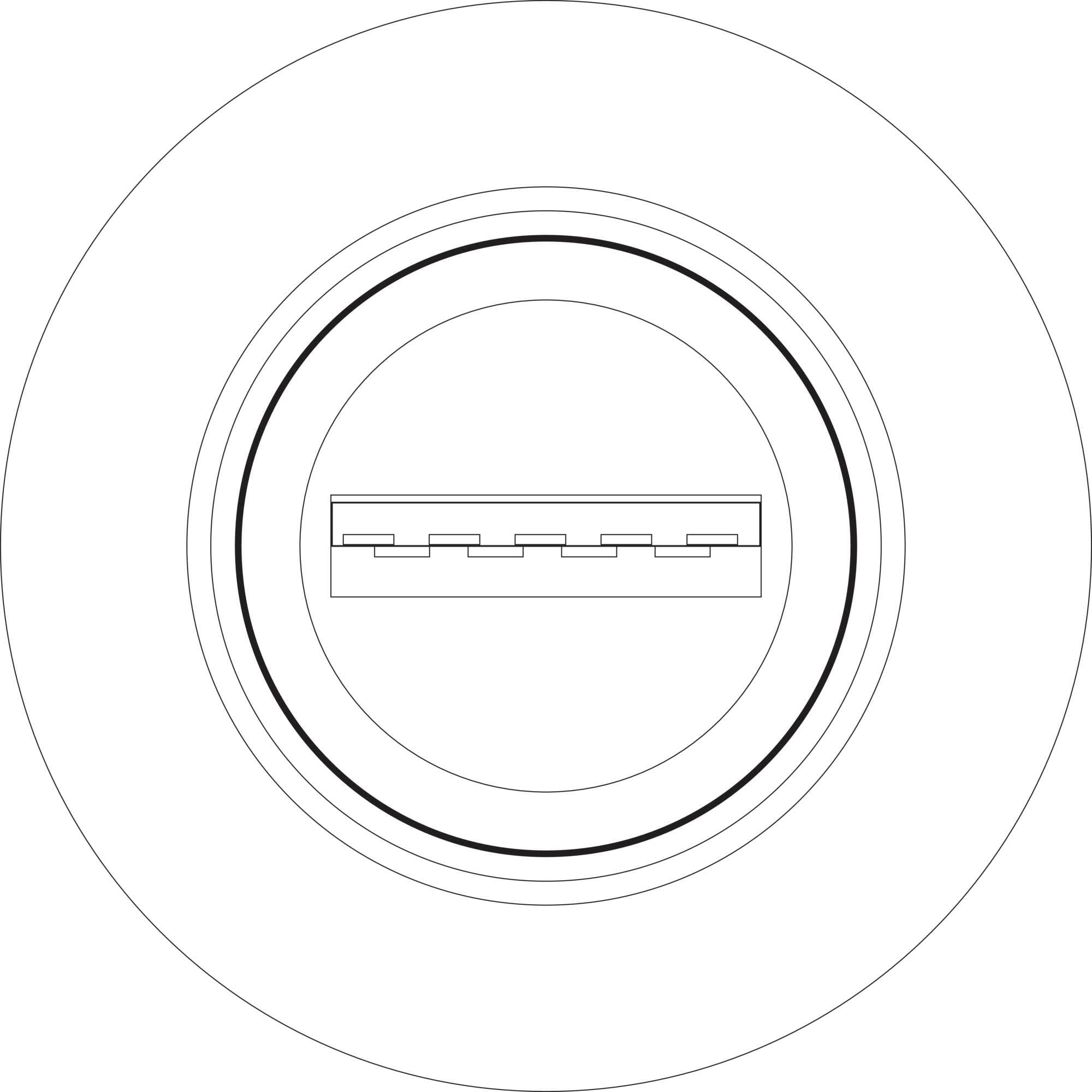 Ein einfacher, kreisförmiger Schalter mit einem horizontalen Rechteck in der Mitte, vermutlich zur Steuerung eines Geräts.