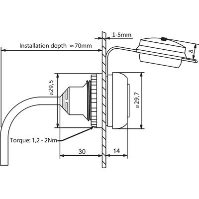 Diagramm der Montageanleitung für eine Beleuchtung. Zeigt Maße: Einbautiefe ≈ 70mm, Drehmoment 1,2-2Nm, Gesamttiefe 44mm.