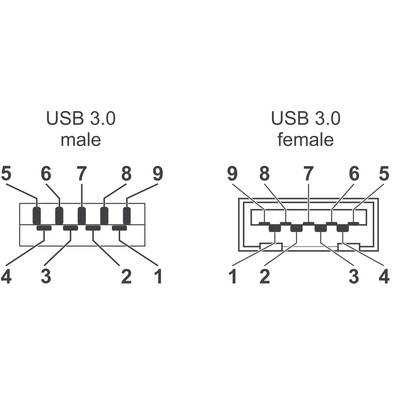 'Diagramm von USB 3.0 Steckern: Links männlicher Stecker mit Pins 1 bis 9, rechts weiblicher Anschluss, ebenfalls mit Pins 1 bis 9 beschriftet.'