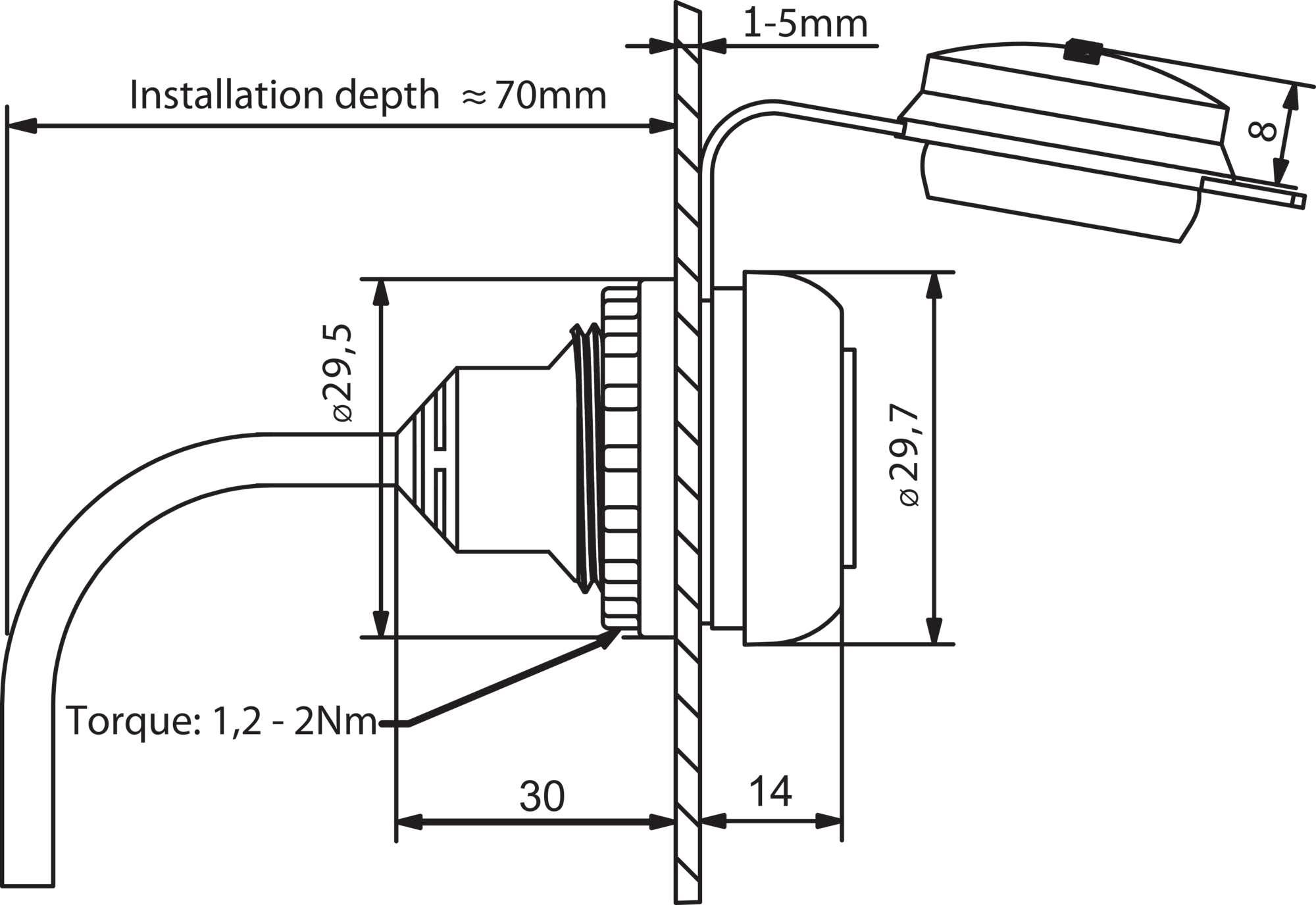 Technische Zeichnung: Installationstiefe eines elektrischen Geräts etwa 70 mm, erforderliches Drehmoment 1,2-2 Nm.
