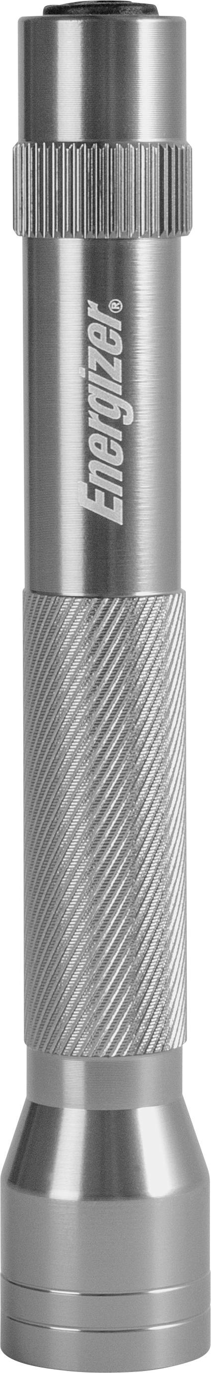 Silberne Taschenlampe mit geriffeltem Griff und eingraviertem Markennamen an der Seite.