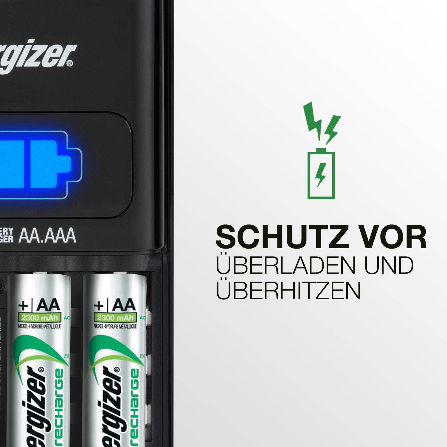 Ladegerät mit eingelegten Batterien und Anzeige 'Schutz vor Überladen und Überhitzen' auf der rechten Seite.