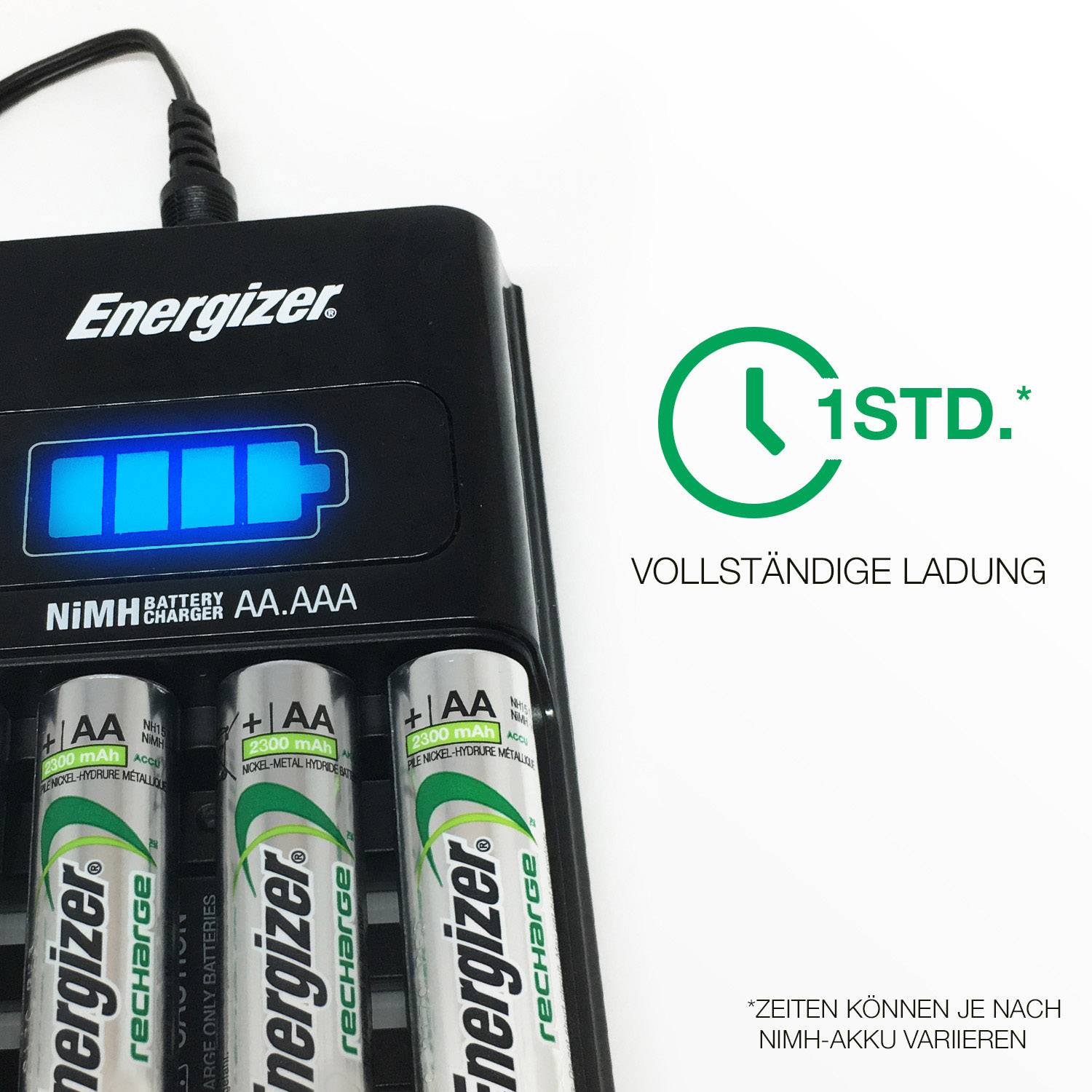 Ladegerät mit vier Batterien zeigt digitalen Ladefortschritt. Rechts daneben Text: '1STD. VOLLSTÄNDIGE LADUNG'.