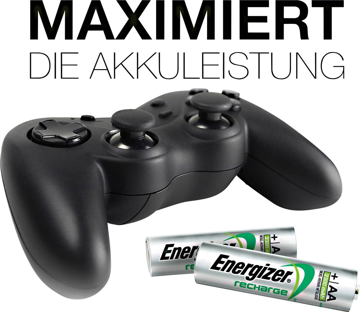 Ein schwarzer Spielcontroller und zwei Energizer-Batterien mit dem Text 'Maximiert die Akkuleistung'.