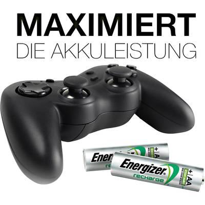 Ein schwarzer Spielcontroller und zwei Energizer-Batterien mit dem Text 'Maximiert die Akkuleistung'.