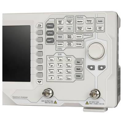 'Spectrum Analyzer' Gerät mit Display und zahlreichen Funktionstasten zur Analyse von Frequenz und Amplitude. Hauptbedienelemente sind nummeriert und beschriftet.