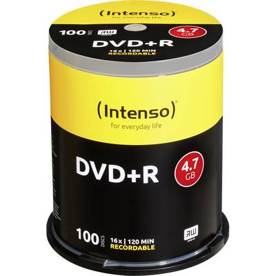 Packung mit 100 DVD+R Rohlingen der Marke Intenso. Kapazität: 4,7 GB, geeignet für 120 Minuten Aufnahme, 16x Schreibgeschwindigkeit.