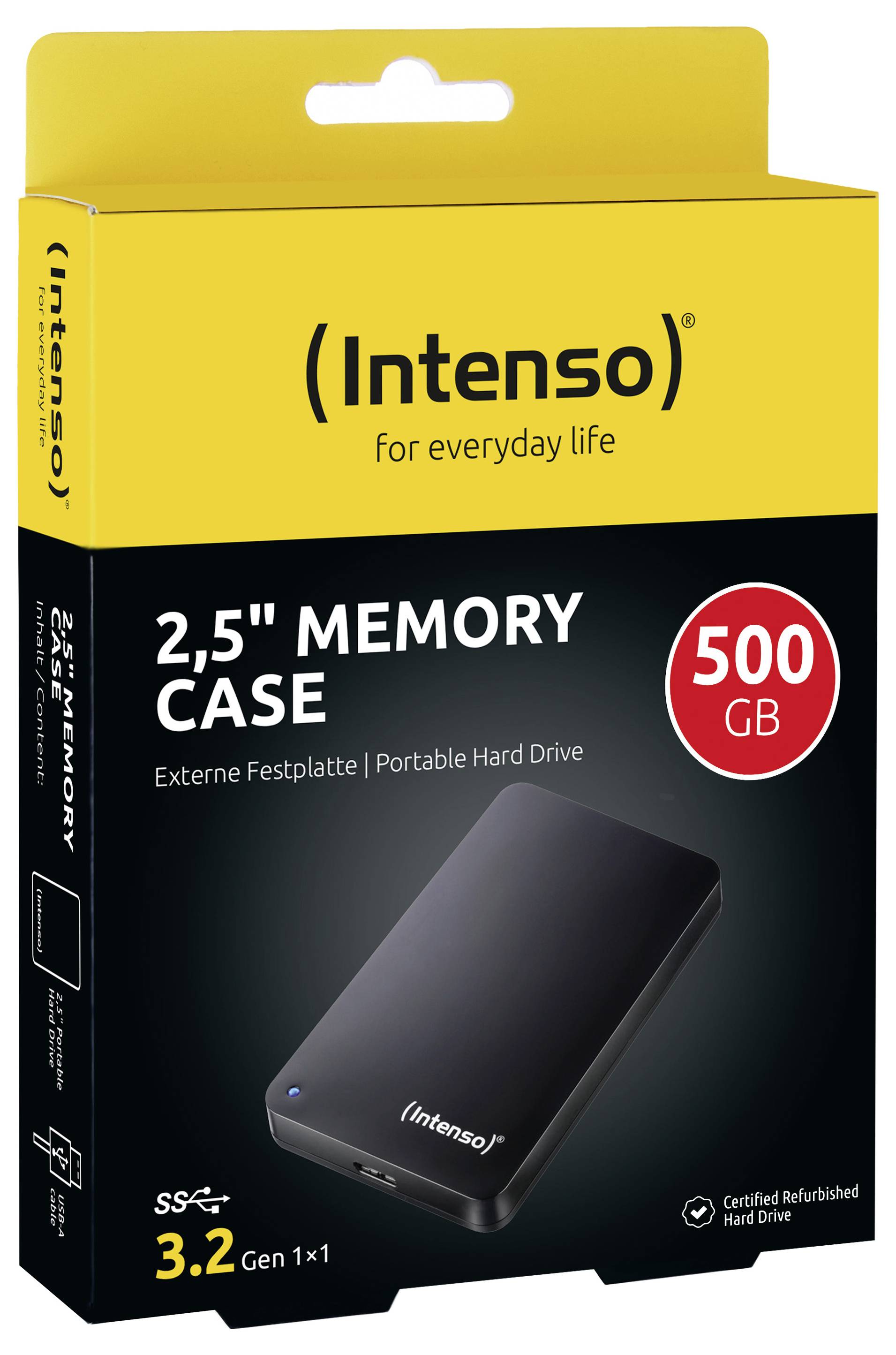 Verpackung für Intenso 2.5" Memory Case, eine tragbare 500GB-Festplatte, mit gelbem und schwarzem Design und Produktabbildung.
