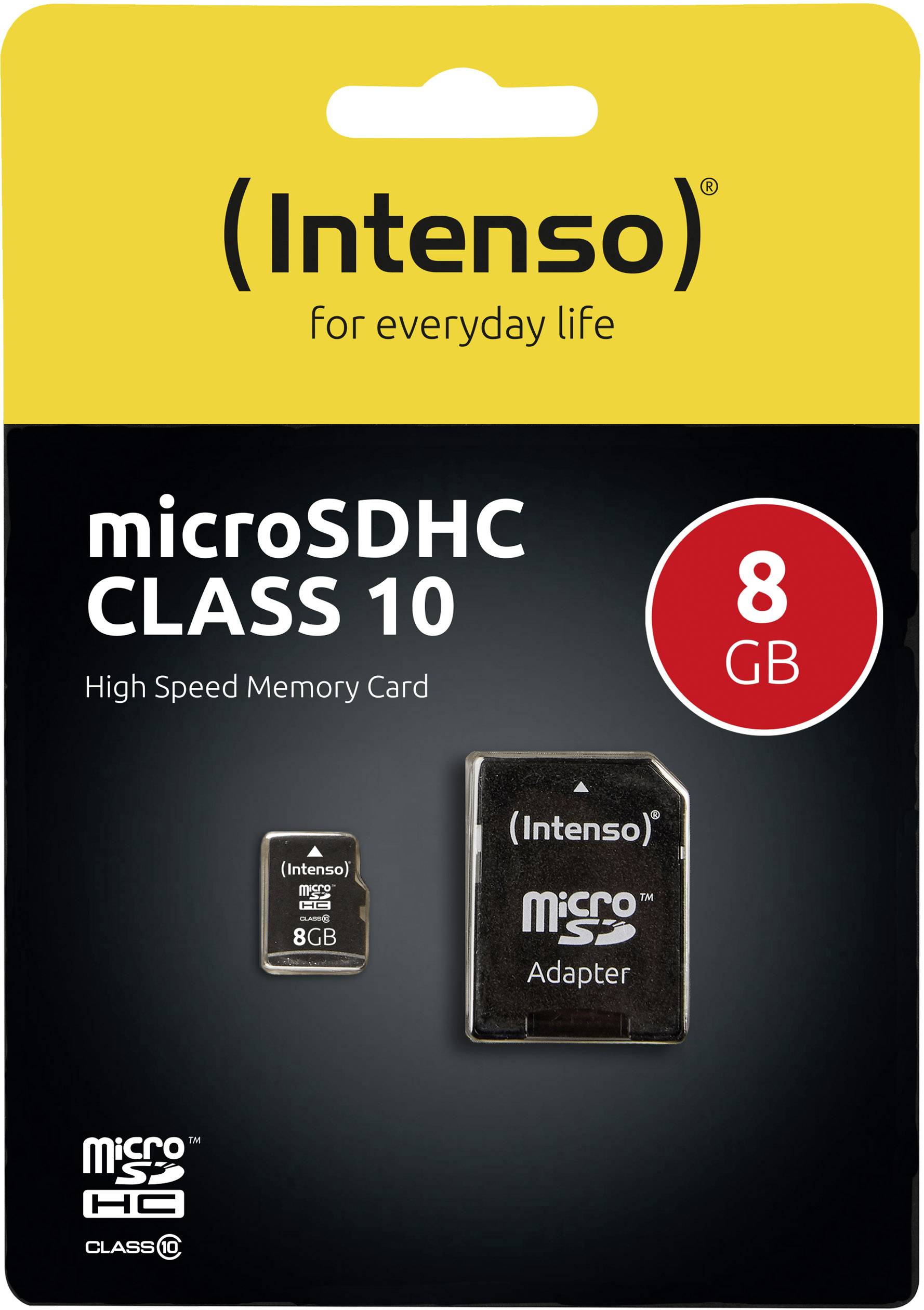 'Intenso microSDHC Class 10 Speicherkarte, 8 GB, High Speed, inklusive Adapter. Verpackung zeigt Karte und Adapter vor gelbem Hintergrund.'