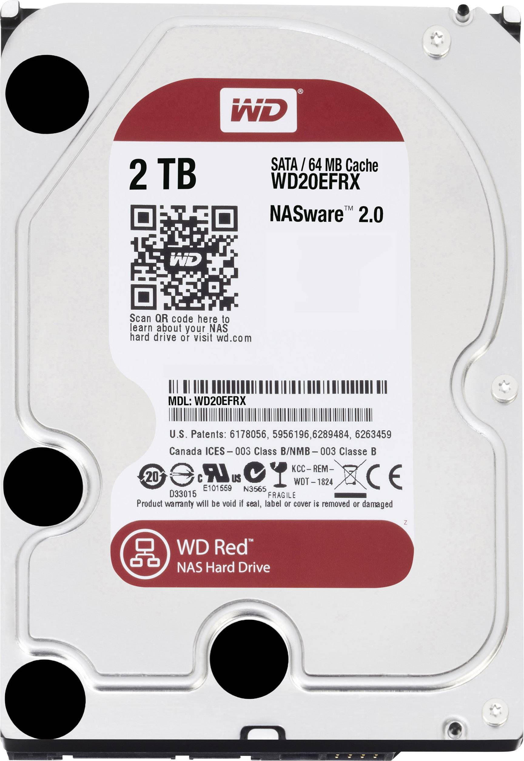 Festplatte mit 2 TB Kapazität, Modellnummer WD20EFRX, geeignet für NAS-Systeme. Enthält QR-Code und technische Spezifikationen.