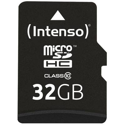 Schwarze Intenso microSDHC Speicherkarte, 32 GB Kapazität, Class 10, mit weißer Beschriftung und Pfeil nach oben.