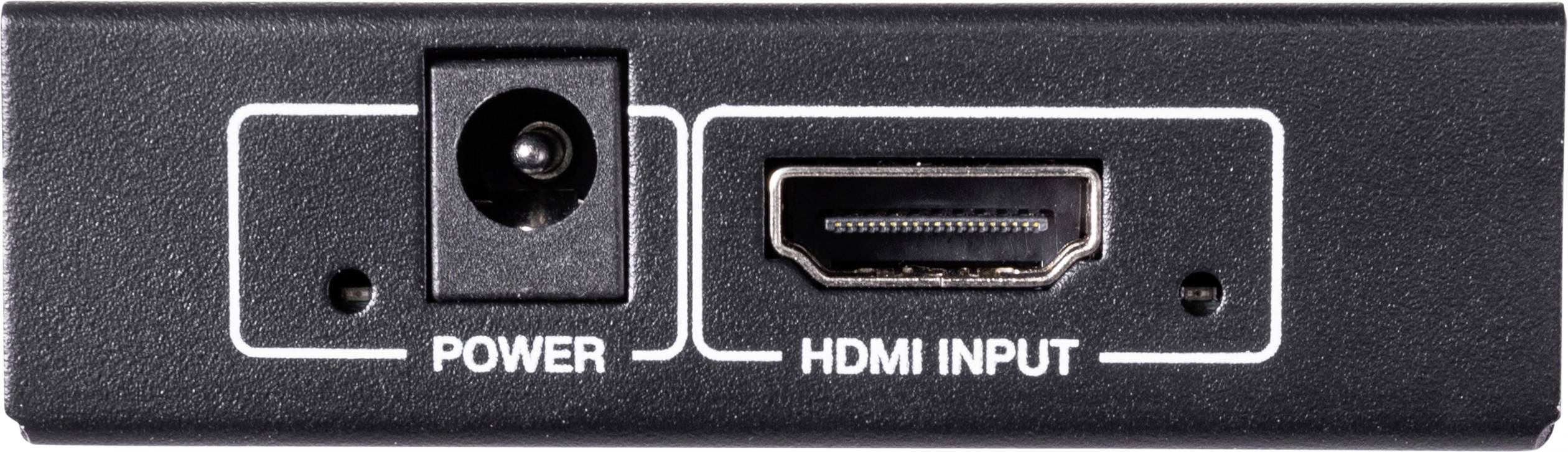 Das Bild zeigt eine Geräte-Rückseite mit zwei Anschlüssen: links ein 'Power'-Anschluss für Strom, rechts ein 'HDMI Input' für Video.