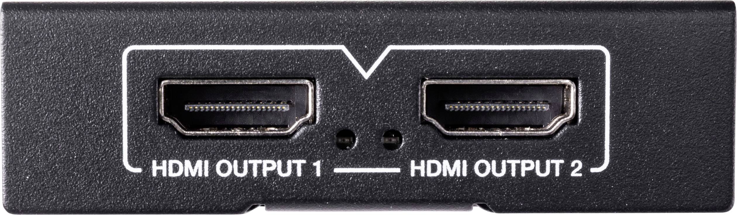 Zwei HDMI-Ausgänge mit Beschriftungen 'HDMI Output 1' und 'HDMI Output 2' auf einem schwarzen Gerät.