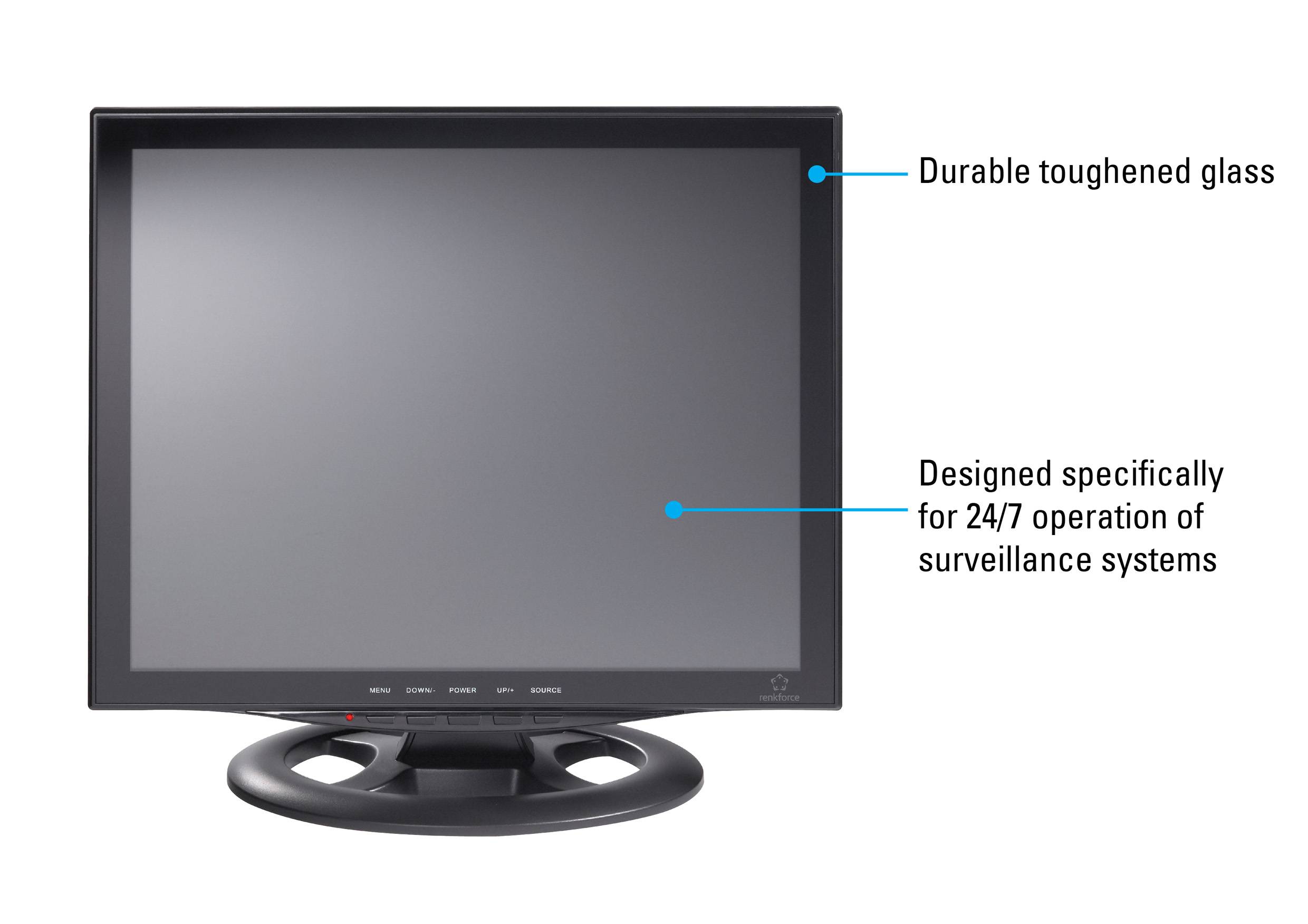 Ein Computermonitor mit der Beschreibung 'Langlebiges, gehärtetes Glas' und 'Speziell für den 24/7-Betrieb von Überwachungssystemen entwickelt'.