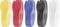Fünf bunte Klettverschluss-Armbänder in den Farben Gelb, Rot, Blau, Schwarz und Weiß in einer Reihe nebeneinander.