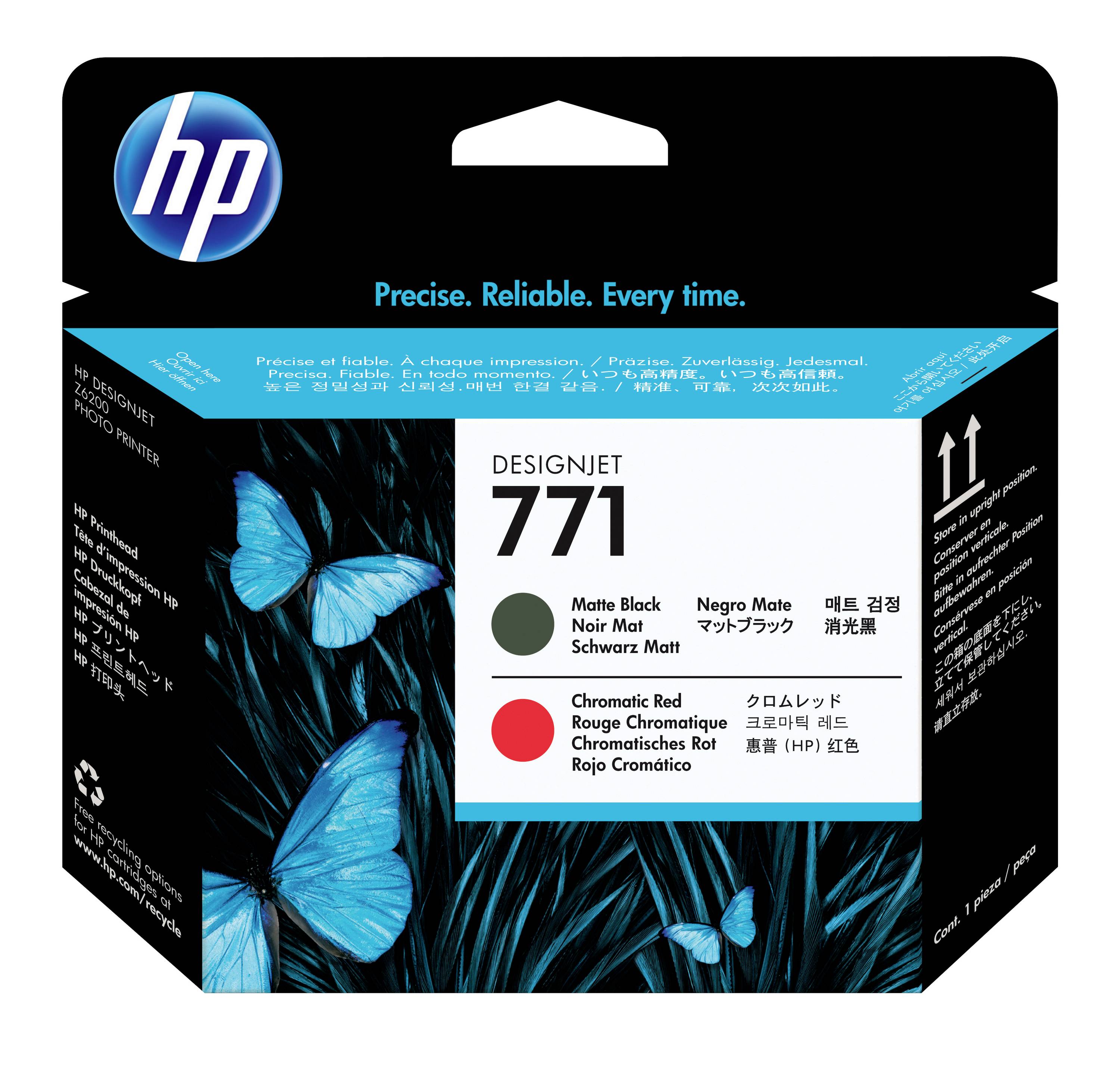 HP DesignJet 771 Tintenpatronen-Verpackung mit der Aufschrift „Matte Black“ und „Chromatic Red“ sowie blauer Schmetterlingsgrafik.