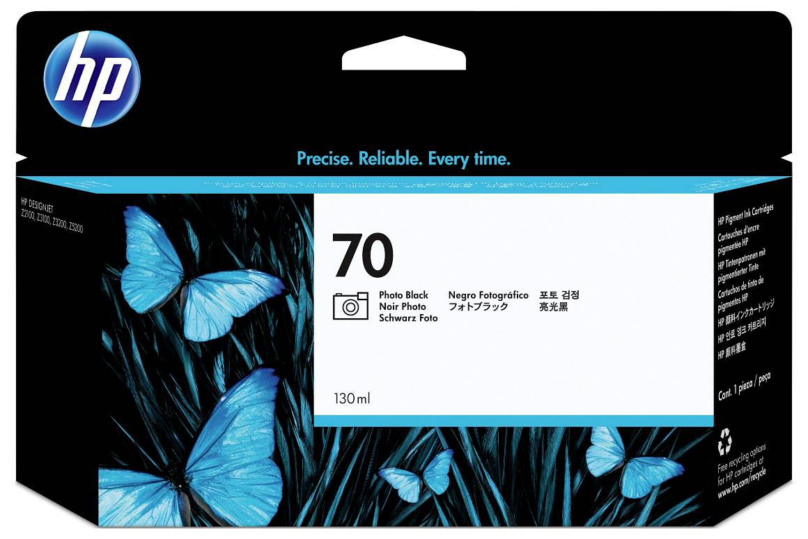 HP 70 schwarze Foto-Tintenpatrone mit Schachtelbeschriftung, blaues Schmetterlingsdesign, gekennzeichnet mit 130 ml und „Präzise. Zuverlässig. Jedes Mal."