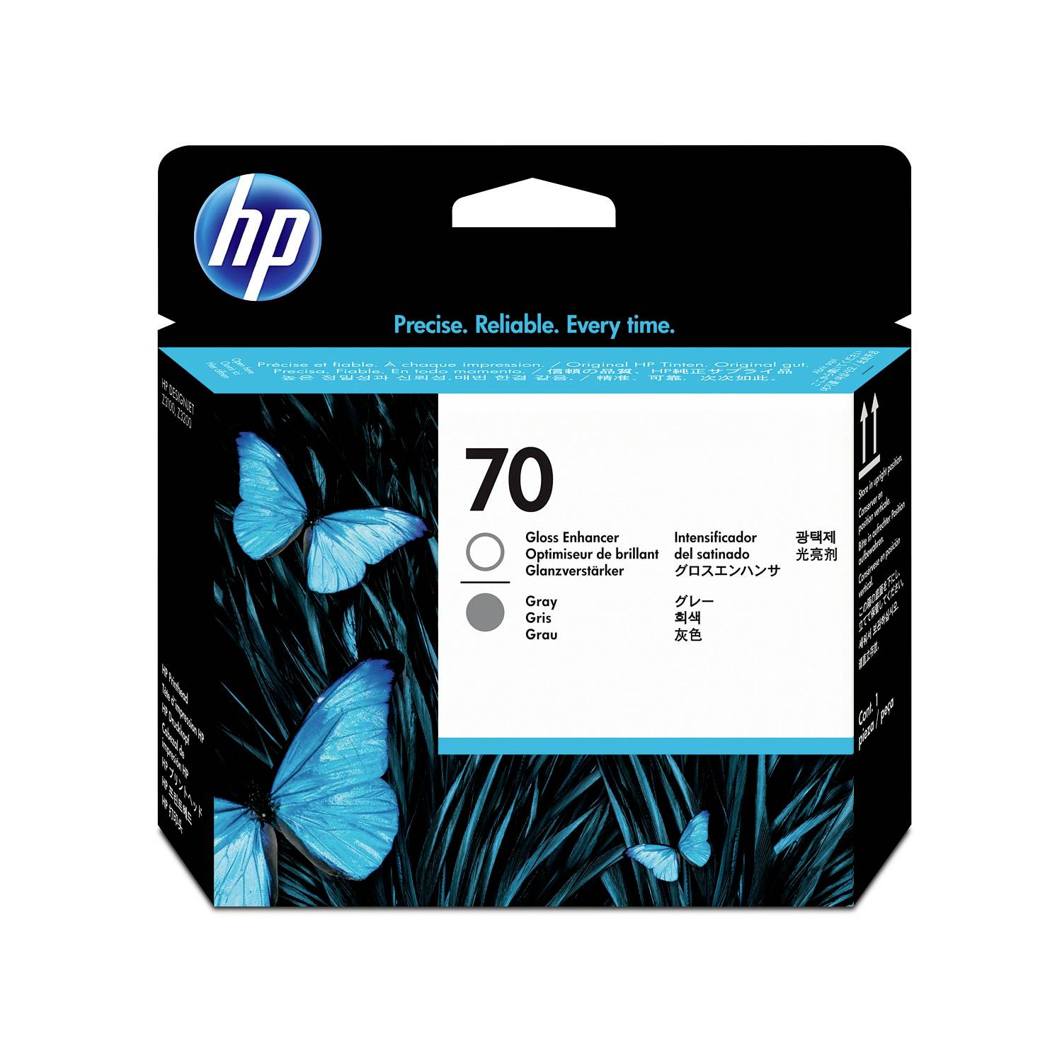 HP-Tintenpatronenverpackung mit der Aufschrift „70“, blauer Schmetterlingsgrafik und dem Slogan „Präzise. Zuverlässig. Jedes Mal.“