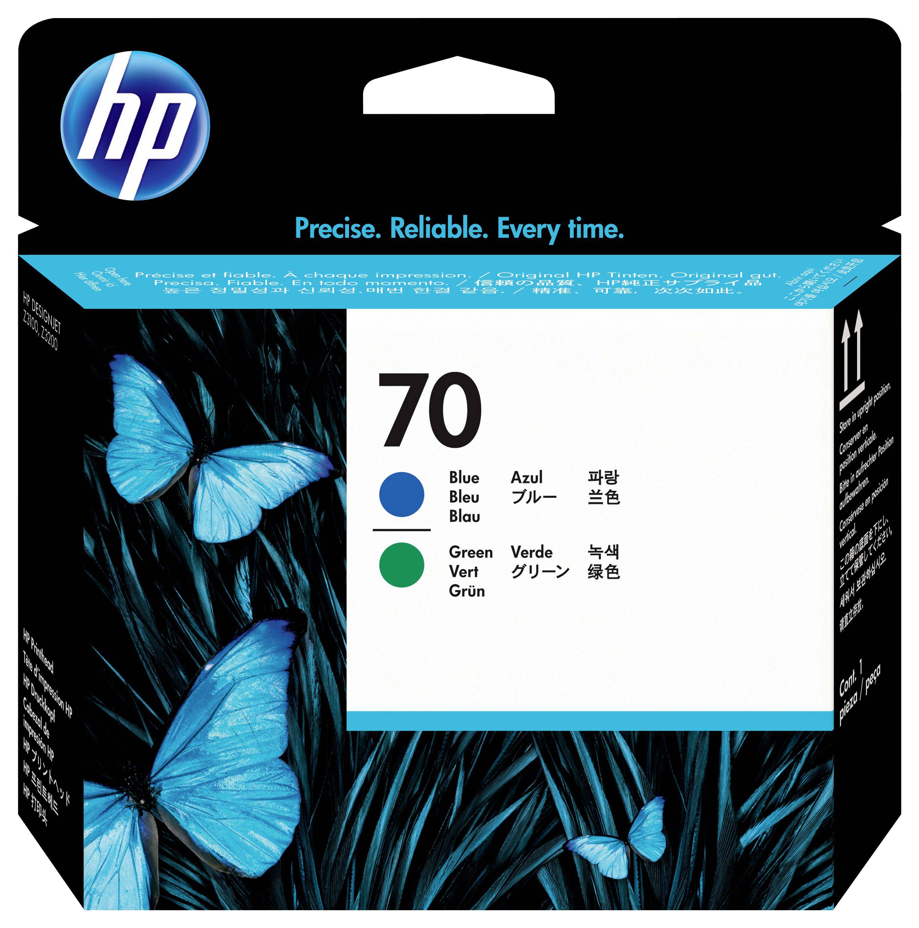 HP-Tintenpatronenverpackung mit der Aufschrift „70“, blauer Tinte, blauen Schmetterlingen und dem Slogan „Präzise. Zuverlässig. Jedes Mal.“