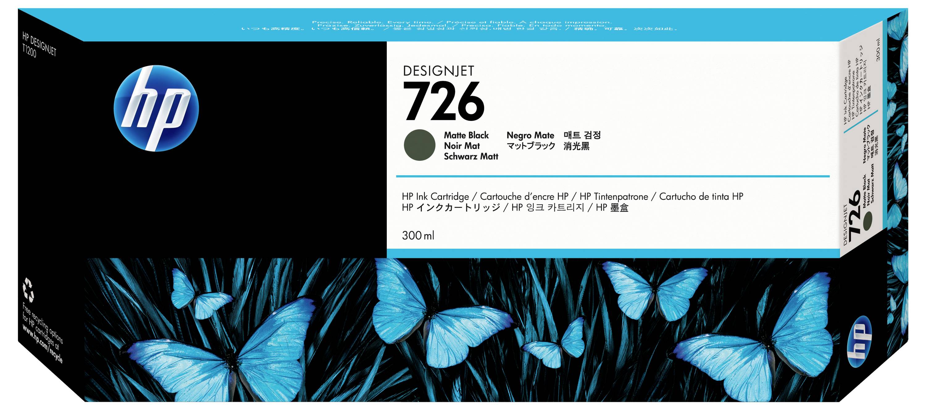 HP DesignJet 726 Tintenpatrone in Matt Schwarz, Verpackungskarton mit blauem Schmetterlingsmotiv, Aufschrift 300 ml, kompatibel mit HP Druckern.