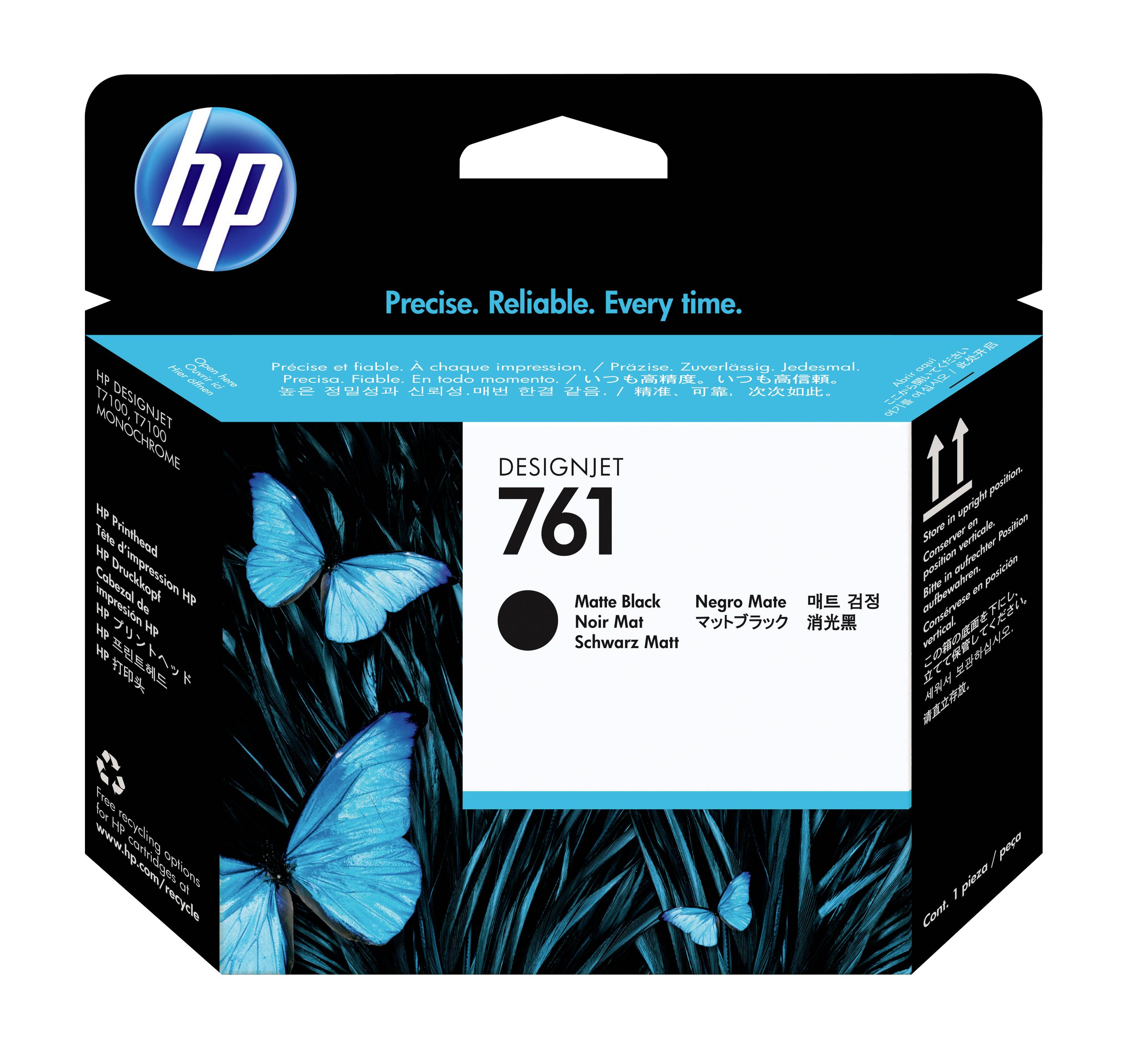 HP DesignJet 761 Tintenpatrone in Mattschwarz, Karton mit blauem Schmetterlingsmotiv und dem Schriftzug „Precise. Reliable. Every time.“