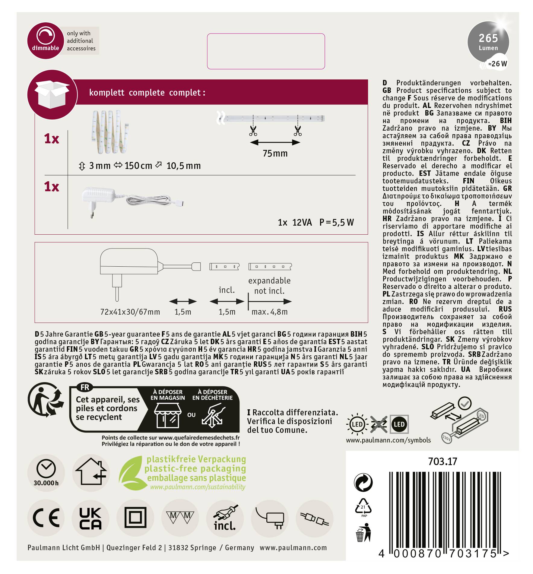 Produktverpackung eines LED-Lichtsystems mit Technischen Daten und Einbauanleitung. Texte zu Energieeffizienz, Garantie und Recyclinghinweisen.