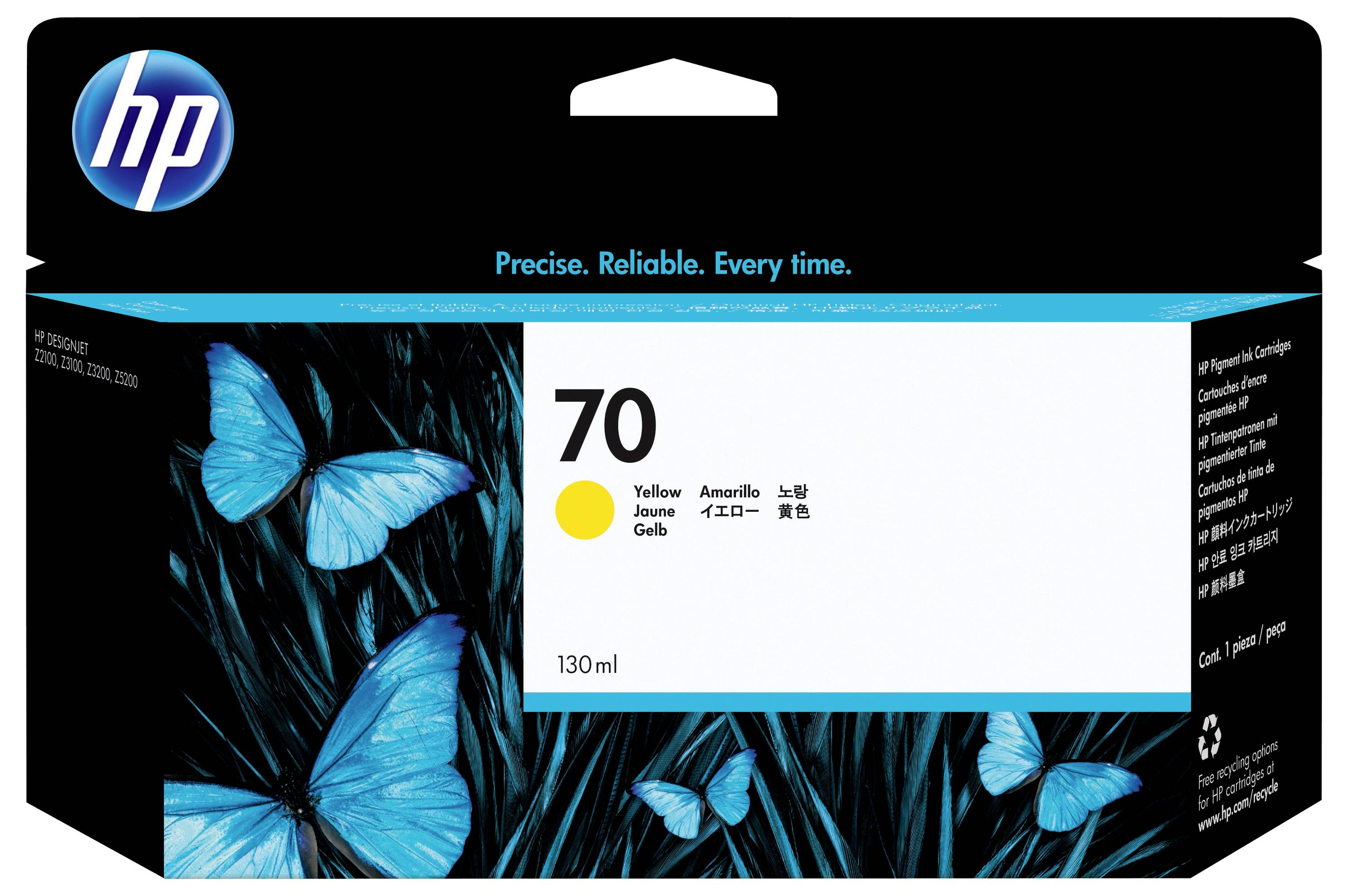 HP-Tintenpatrone-Verpackung mit der Aufschrift „70“, Gelb, 130 ml, mit blauem Schmetterlingsmotiv und dem Slogan „Precise. Reliable. Every time.“