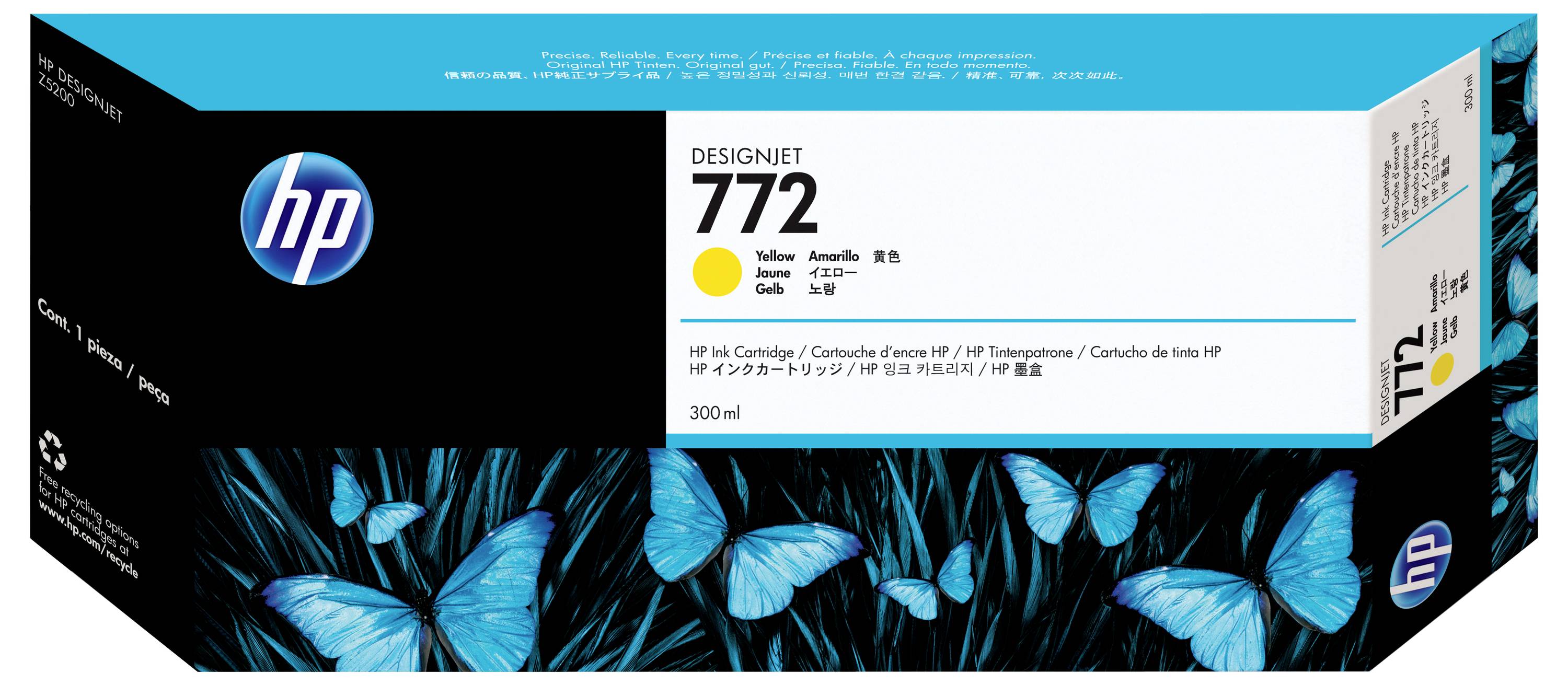 HP DesignJet 772 Tintenpatronen-Karton mit blauer Schmetterlingsgrafik und Produktetikett mit 300 ml und gelber Tinte (Nr. 772)