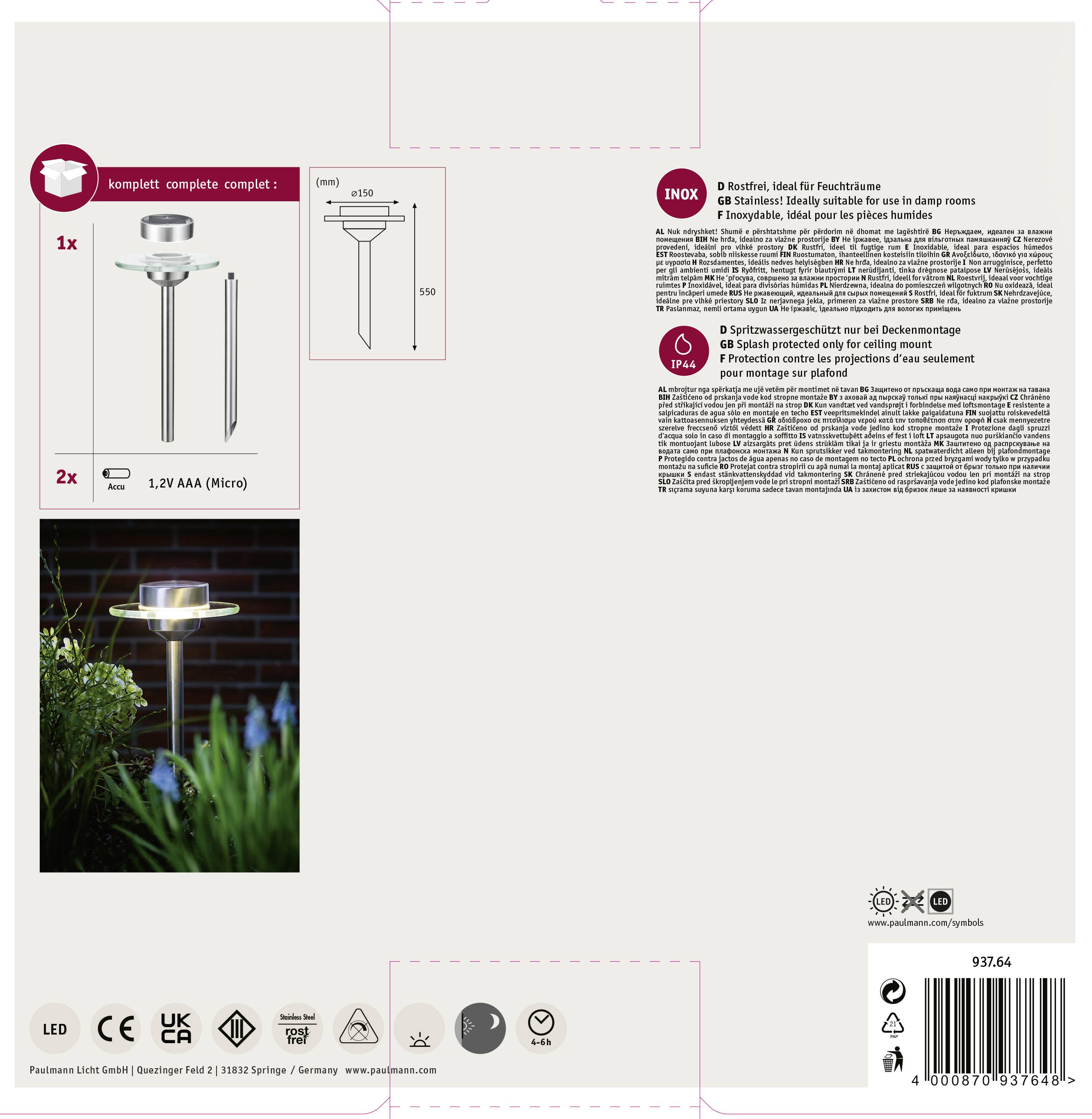 'Produktverpackung für eine batteriebetriebene LED-Leuchte. Enthält Bild der Leuchte im Dunkeln, eine Nahaufnahme und Batteriespezifikationen.'