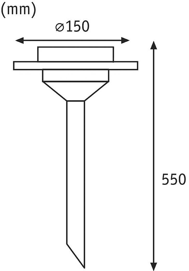 'Schematische Zeichnung eines Bauteils: Ein zylindrisches Element mit einem Kegelstumpf darunter, darüber eine flache Scheibe. Höhe 550 mm, Durchmesser 150 mm.'
