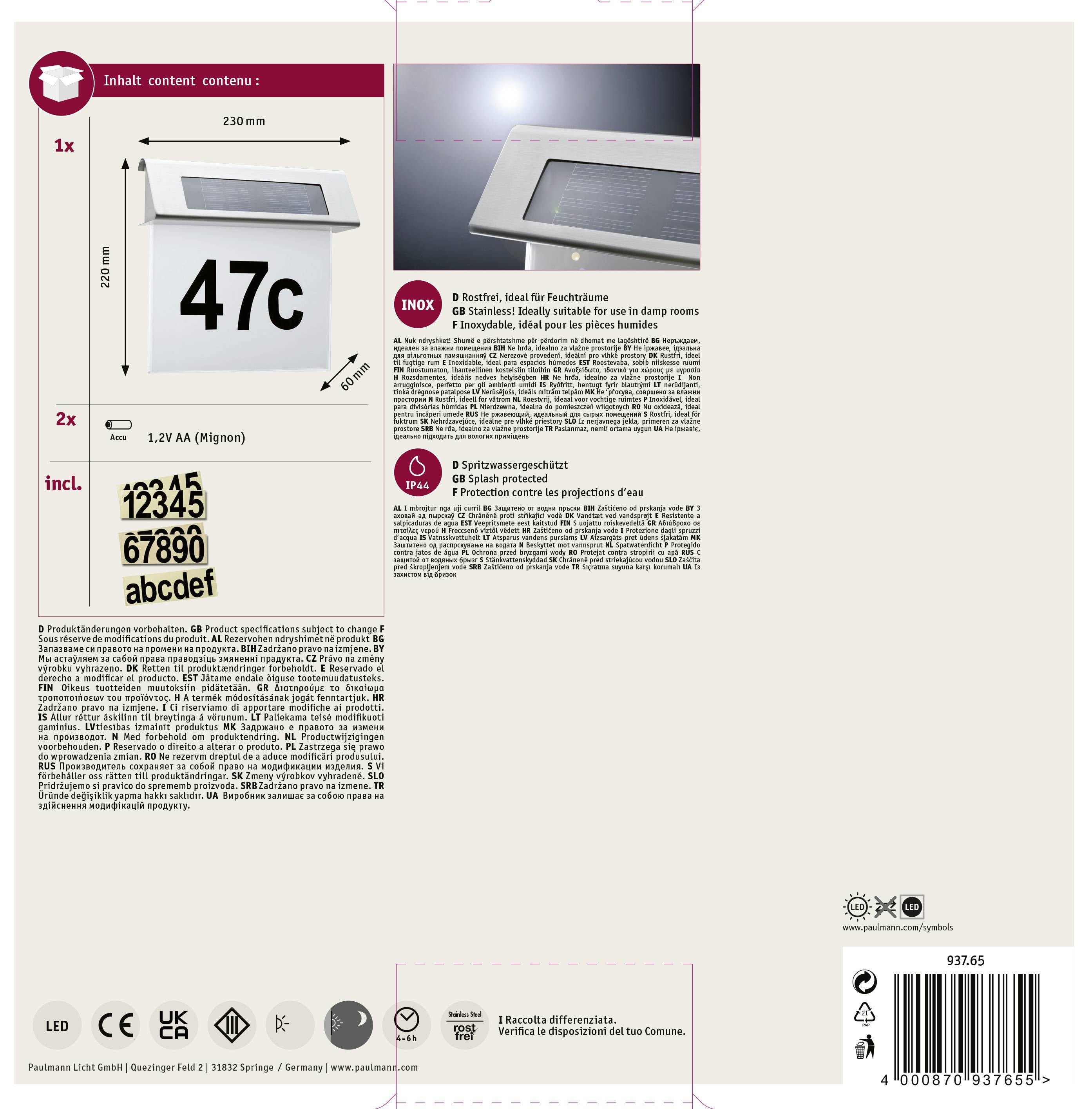 Inhaltsverzeichnis eines LED-Hausnummernschilds. Enthält 1x Schild, 2x Klebezahlen 0-9 und 2x Buchstaben a-f, 1x Batterie, Montagematerial.