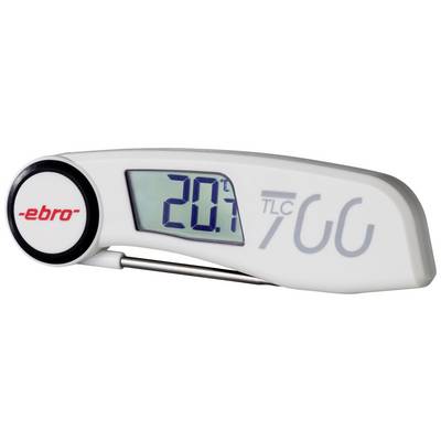 Digitales Thermometer zeigt 20,7 Grad Celsius an. Gerät ist weiß mit dem Logo 'ebro' in Rot.