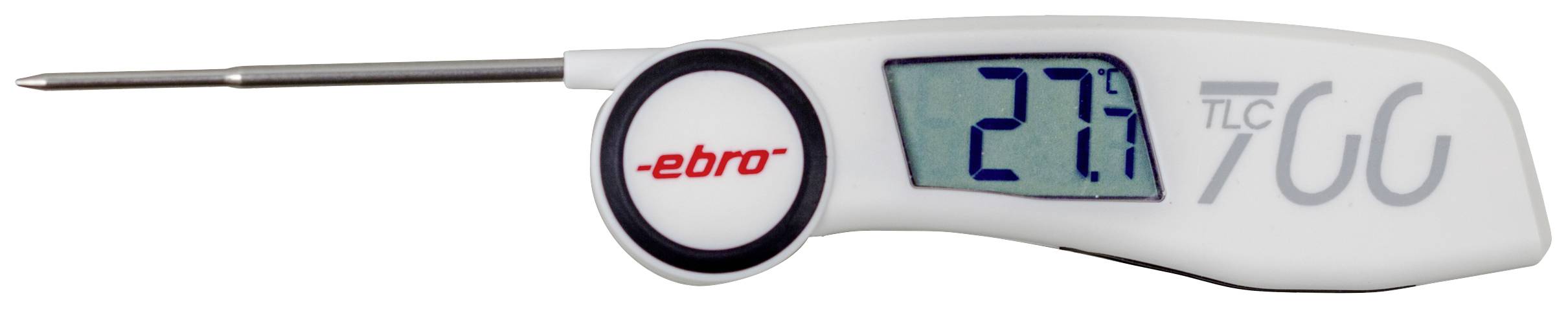 Digitalthermometer mit Messspitze zeigt eine Temperatur von 27 °C auf einem LCD-Display an.