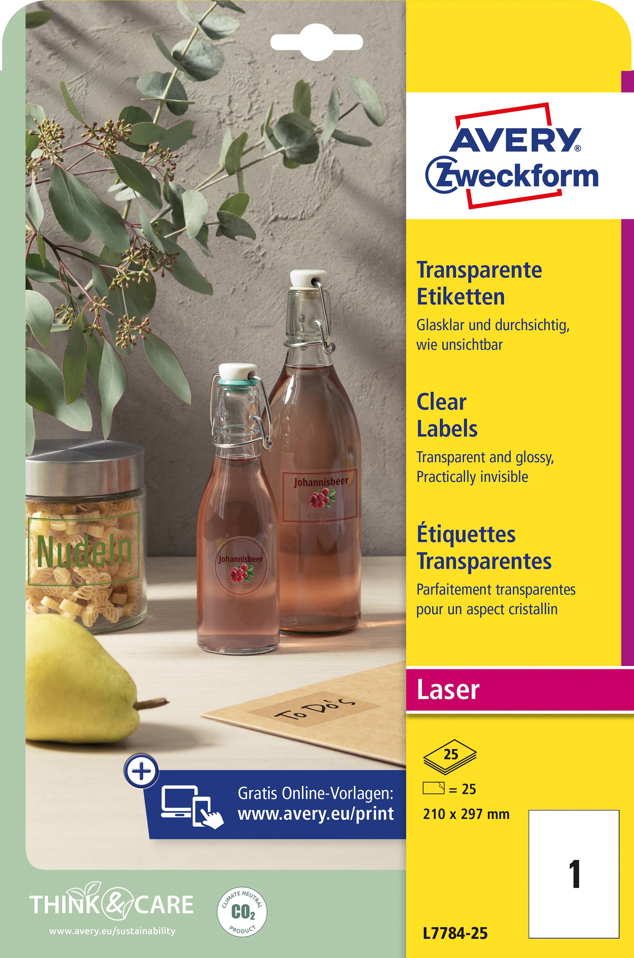 Eine Verpackung von Avery Zweckform mit transparenten Etiketten für Glas, sichtbar sind Nudeln, eine Birne und Flaschen im Hintergrund.