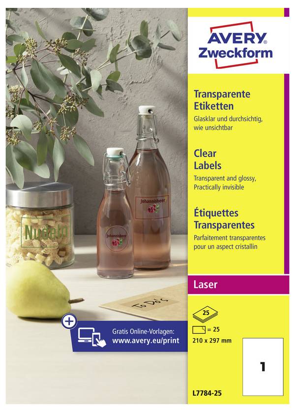 Avery-Zweckform L7784-25 Folien-Etiketten 210 x 297 mm Polyester-Folie Transparent 25 St. Permanent haftend Farblaserdrucker, Laserdrucker, Farbkopierer, Kopierer, Handbeschriftung