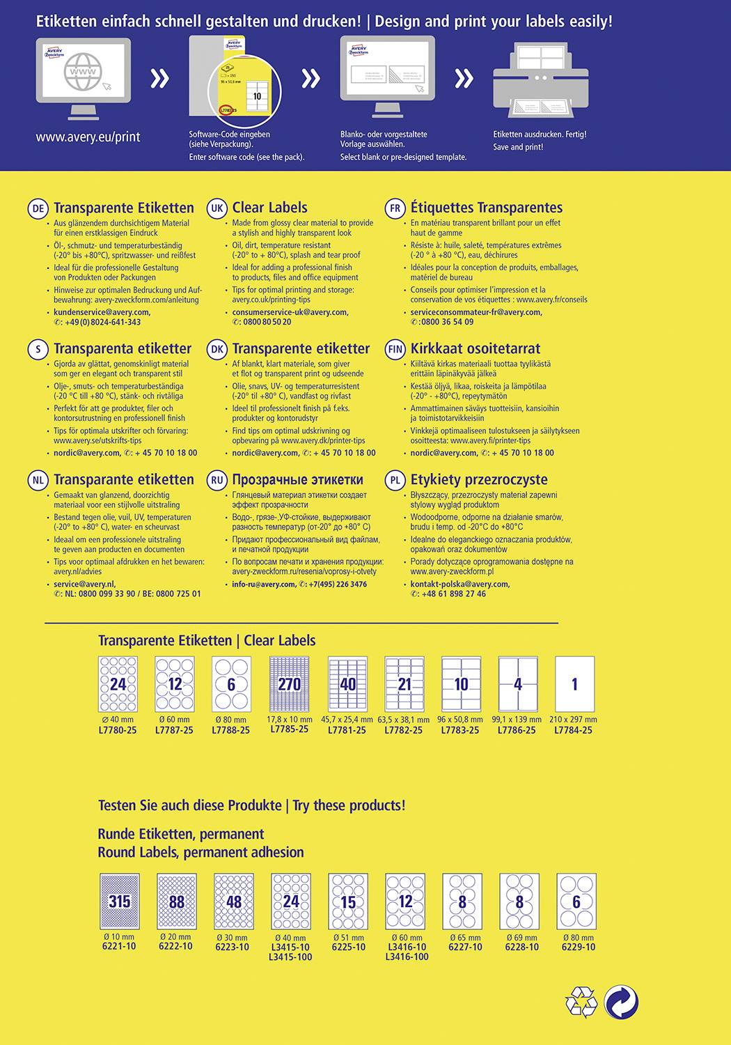 Das Bild zeigt eine Beschreibung von transparenten Etiketten auf Deutsch, mit Produktbeispielen und Größenangaben. Es enthält Anweisungen zum Gestalten und Drucken von Etiketten sowie mehrere Sprachen.