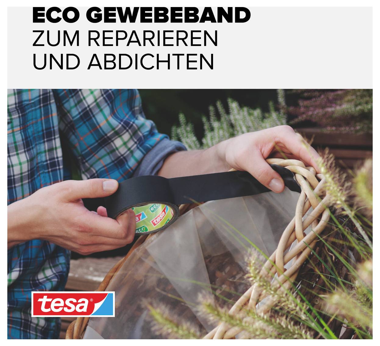 Person klebt einen Korb mit schwarzem Gewebeband. Text oben: 'Eco Gewebeband zum Reparieren und Abdichten'.